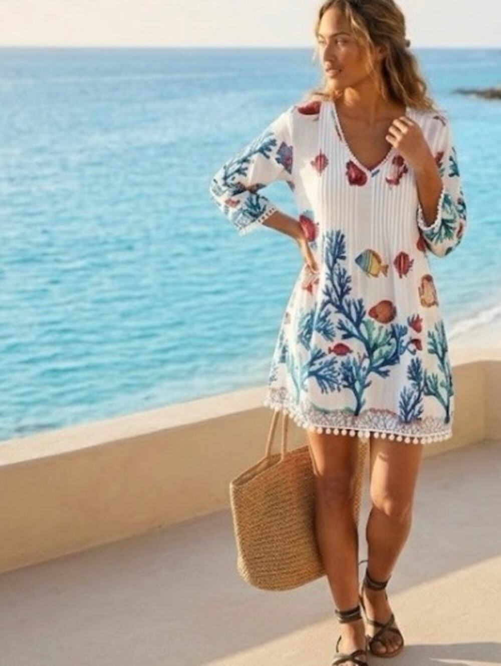 Soft Surroundings Seychelles White Coral Fish Print Beach Tunic Cover Up Small
